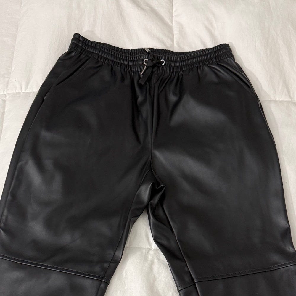 Faux Leather Jogger Pants - Casual Drawstring Waist